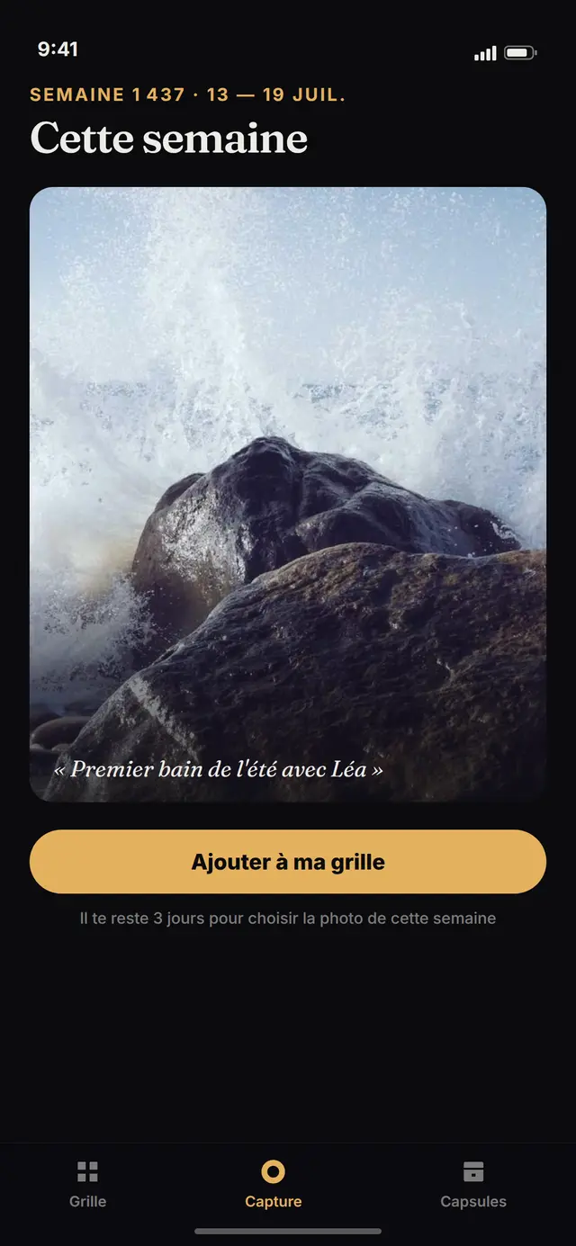 Écran Ta semaine : la photo de la semaine en cours et le bouton Ajouter à ma grille